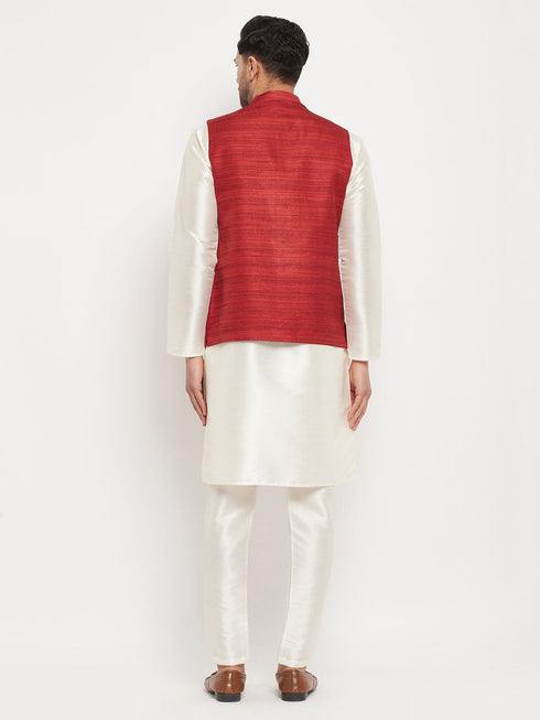 Vastramay Men's Maroon Matka Silk Nehru Jacket With Cream Silk Blend Kurta and Pant style Pyjama Set